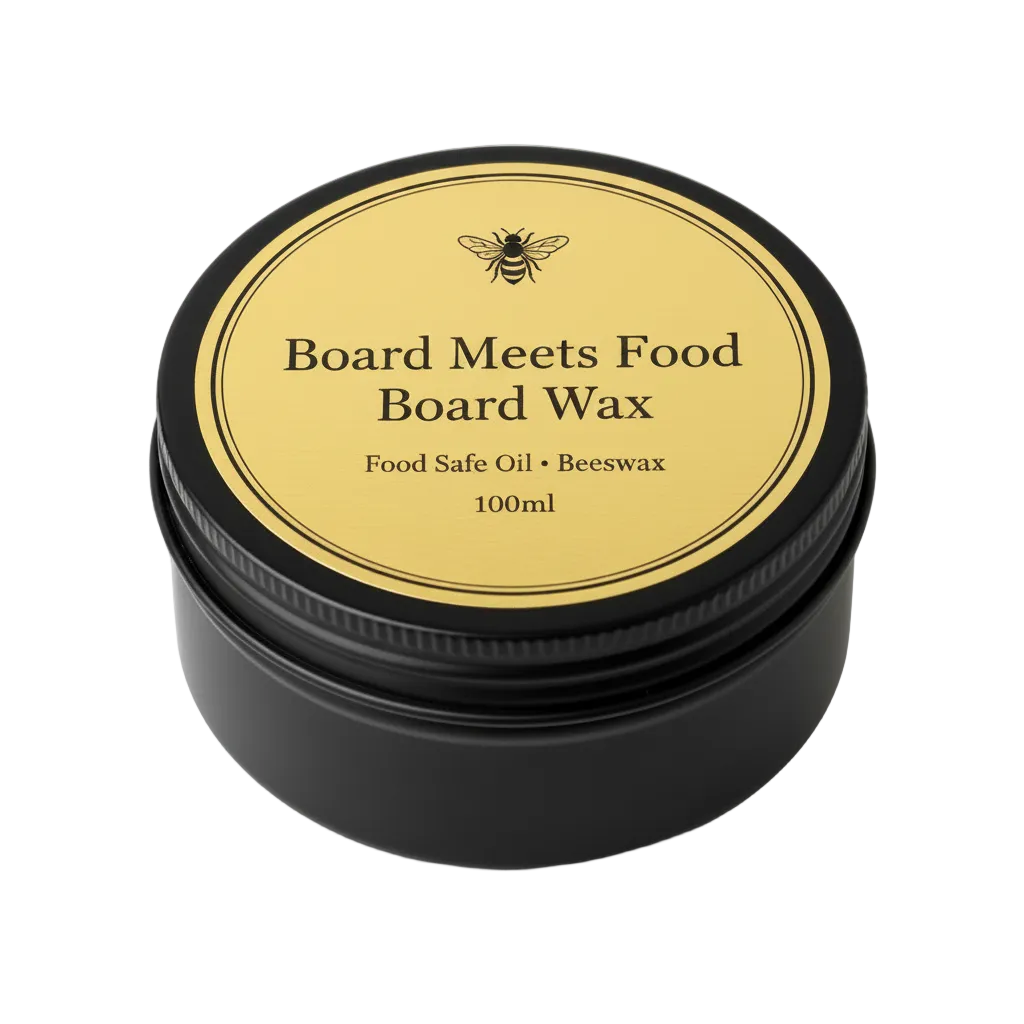 Board Meets Food Board Wax - 100ml food safe oil and beeswax conditioning wax in matte black tin with gold label