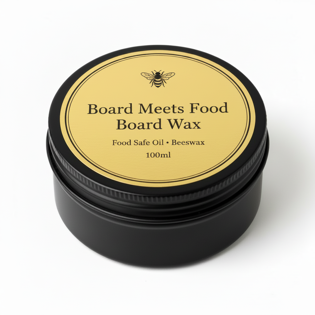 Board Meets Food Board Wax - 100ml food safe oil and beeswax conditioning wax in matte black tin with gold label
