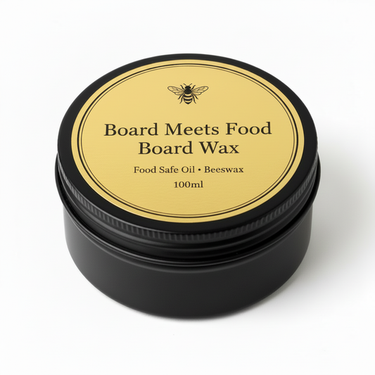 Board Meets Food Board Wax - 100ml food safe oil and beeswax conditioning wax in matte black tin with gold label